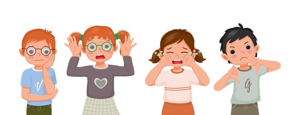 group of children showing different negative emotions feelings facial expressions hand gestures and body languages such as sad bored surprised crying thumb down vector
